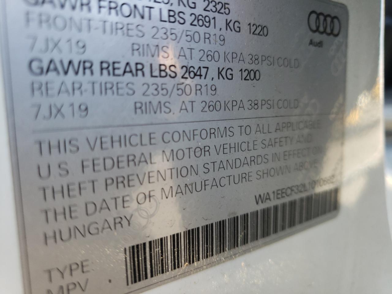 Photo 10 from auction – 2020 AUDI Q3 PREMIUM with VIN WA1EECF32L1010662