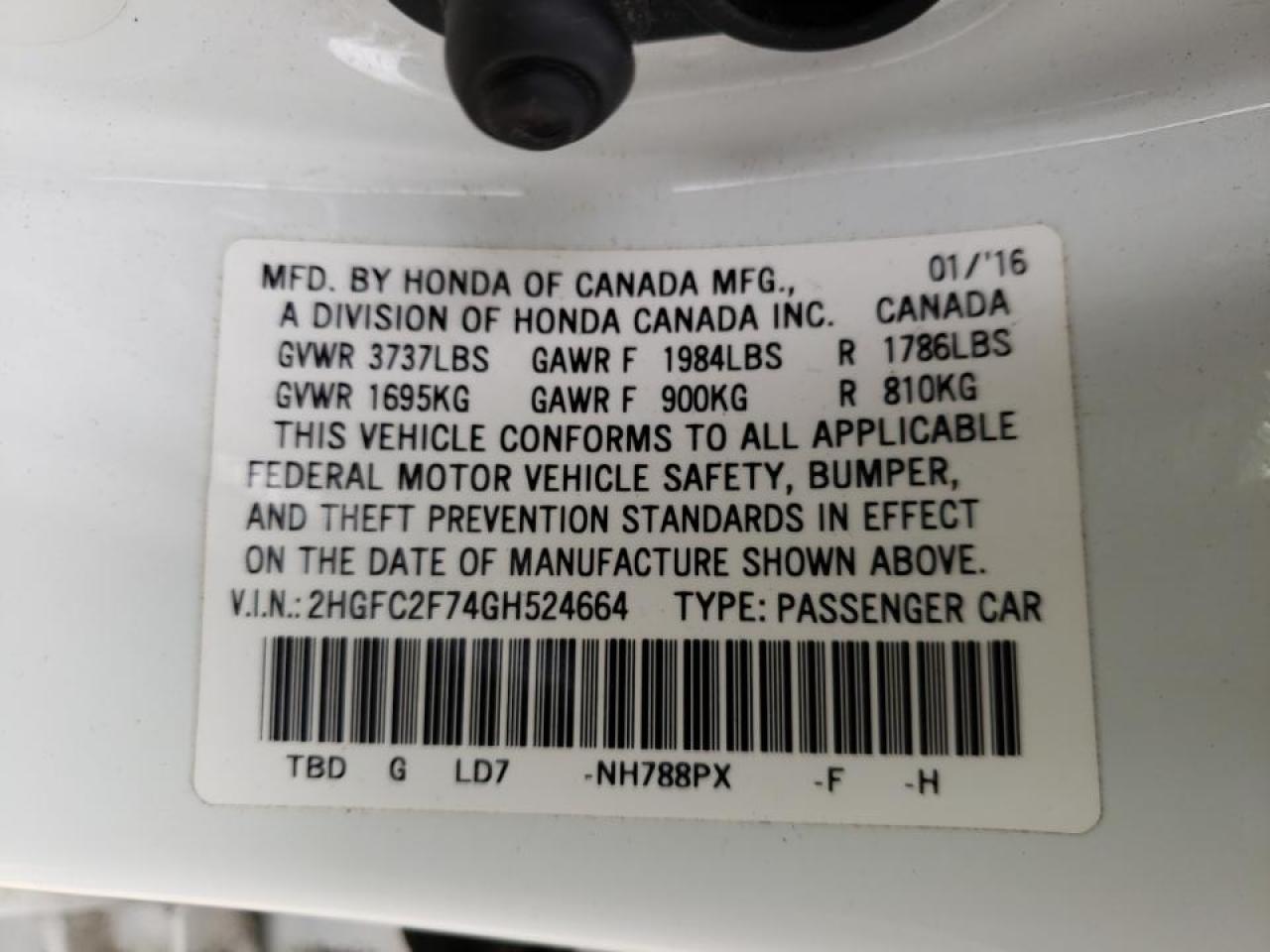 Foto 10 de la subasta – 2016 HONDA CIVIC EX con VIN 2HGFC2F74GH524664