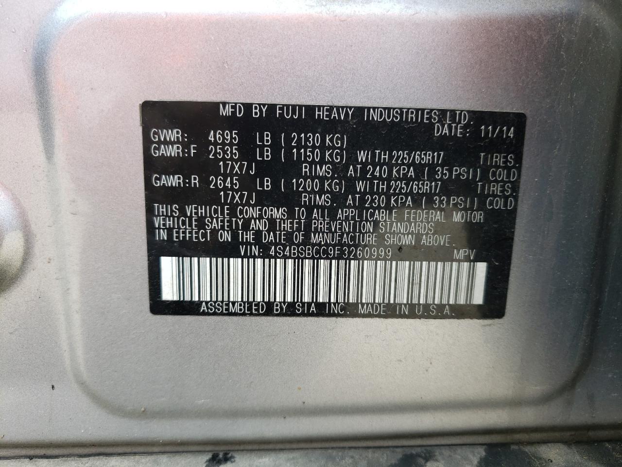 Photo 10 from auction – 2015 SUBARU OUTBACK 2. with VIN 4S4BSBCC9F3260999