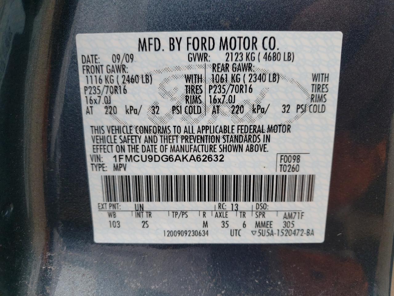 Photo 10 from auction – 2010 FORD ESCAPE with VIN 1FMCU9DG6AKA62632