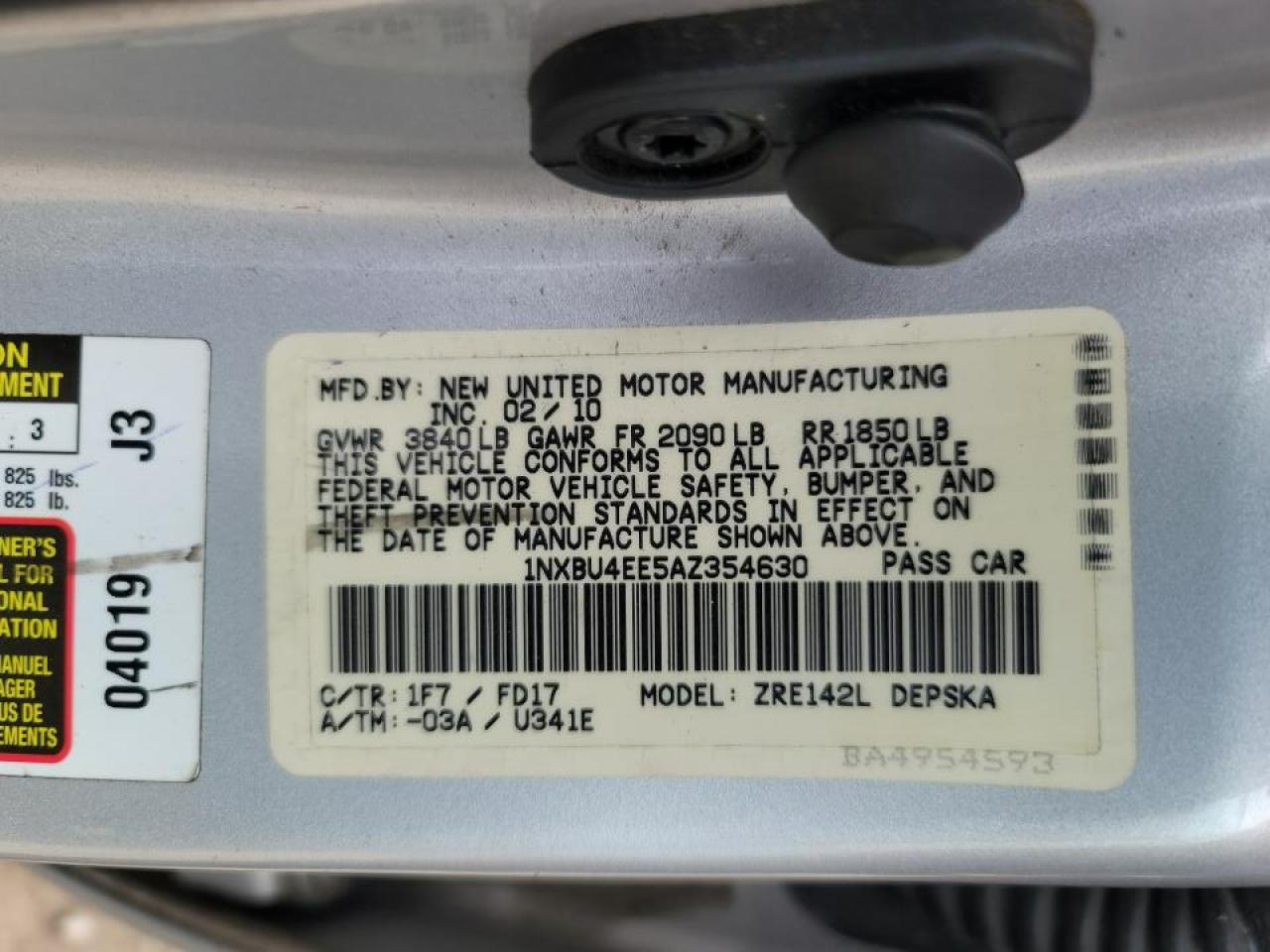 Photo 10 from auction – 2010 TOYOTA COROLLA BA with VIN 1NXBU4EE5AZ354630