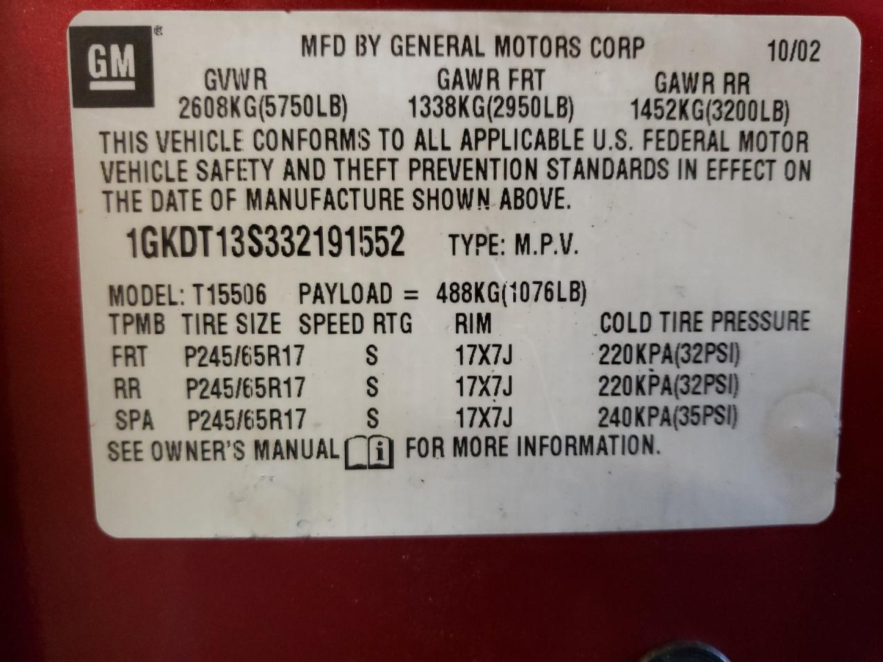 Photo 10 from auction – 2003 GMC ENVOY with VIN 1GKDT13S332191552