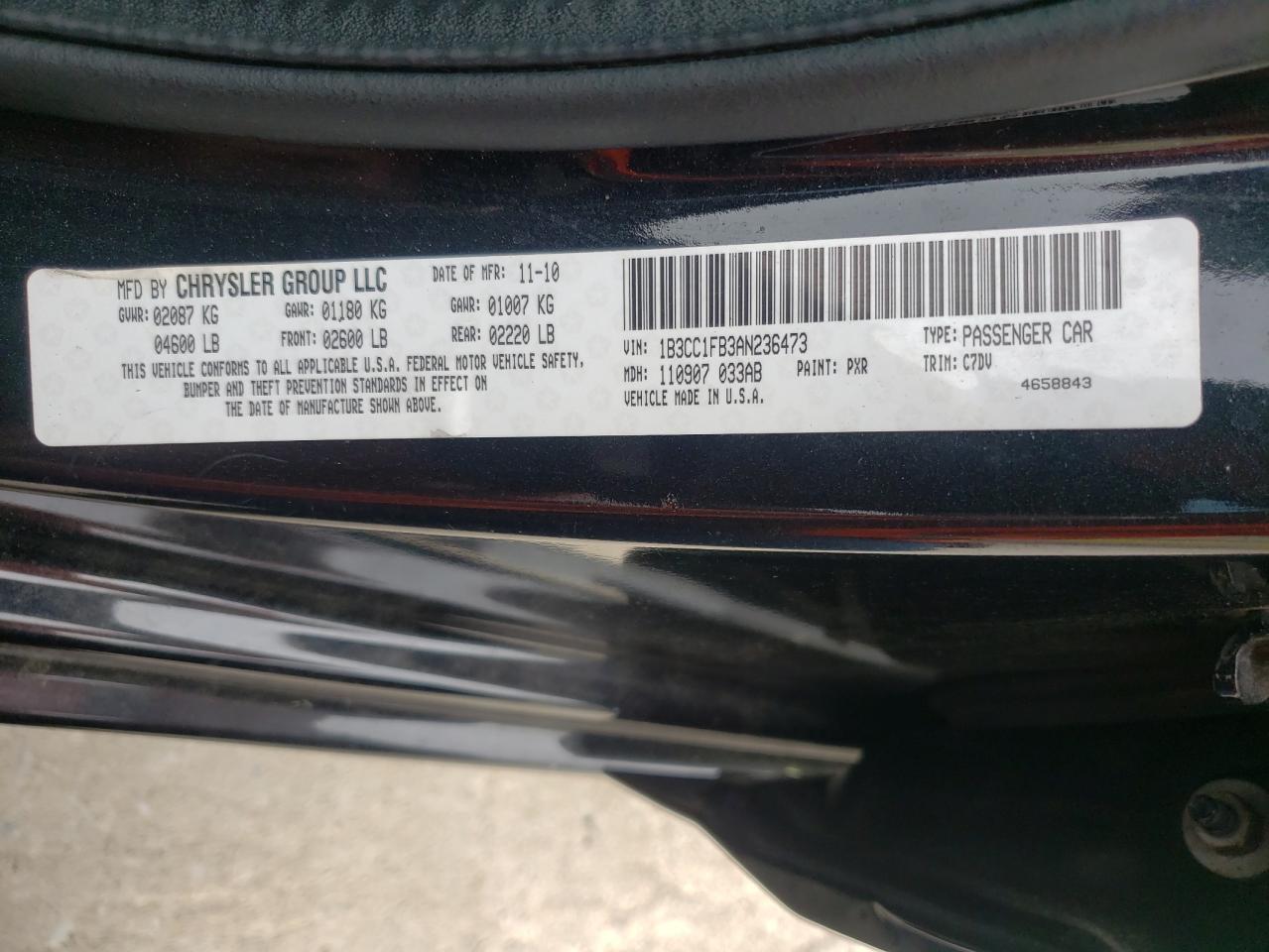 Photo 10 from auction – 2010 DODGE AVENGER EX with VIN 1B3CC1FB3AN236473