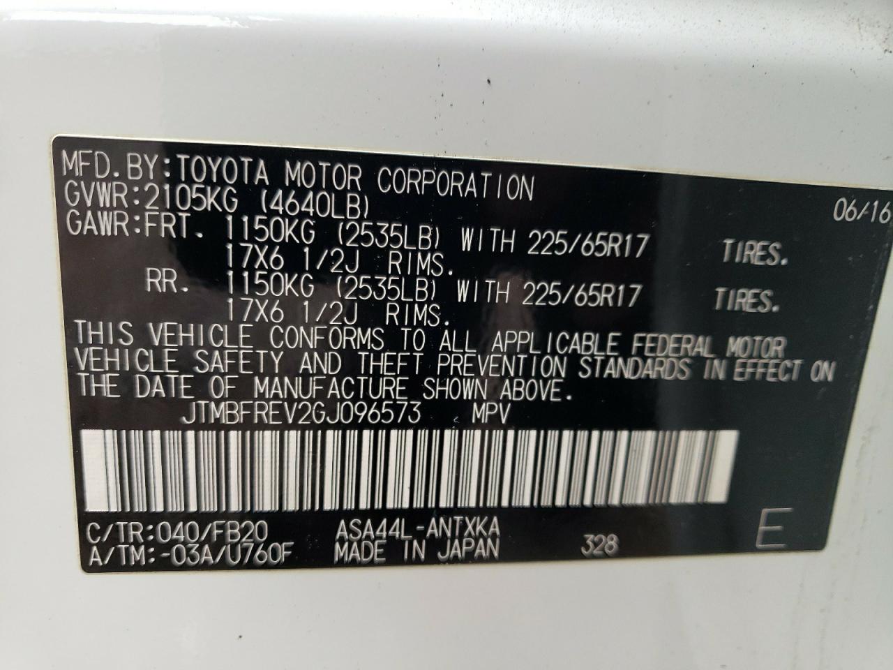 Photo 10 from auction – 2016 TOYOTA RAV4 LE with VIN JTMBFREV2GJ096573