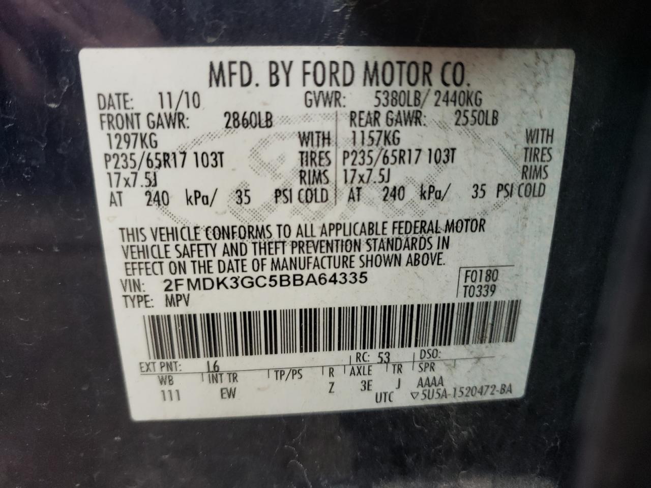Photo 10 from auction – 2011 FORD EDGE SE with VIN 2FMDK3GC5BBA64335