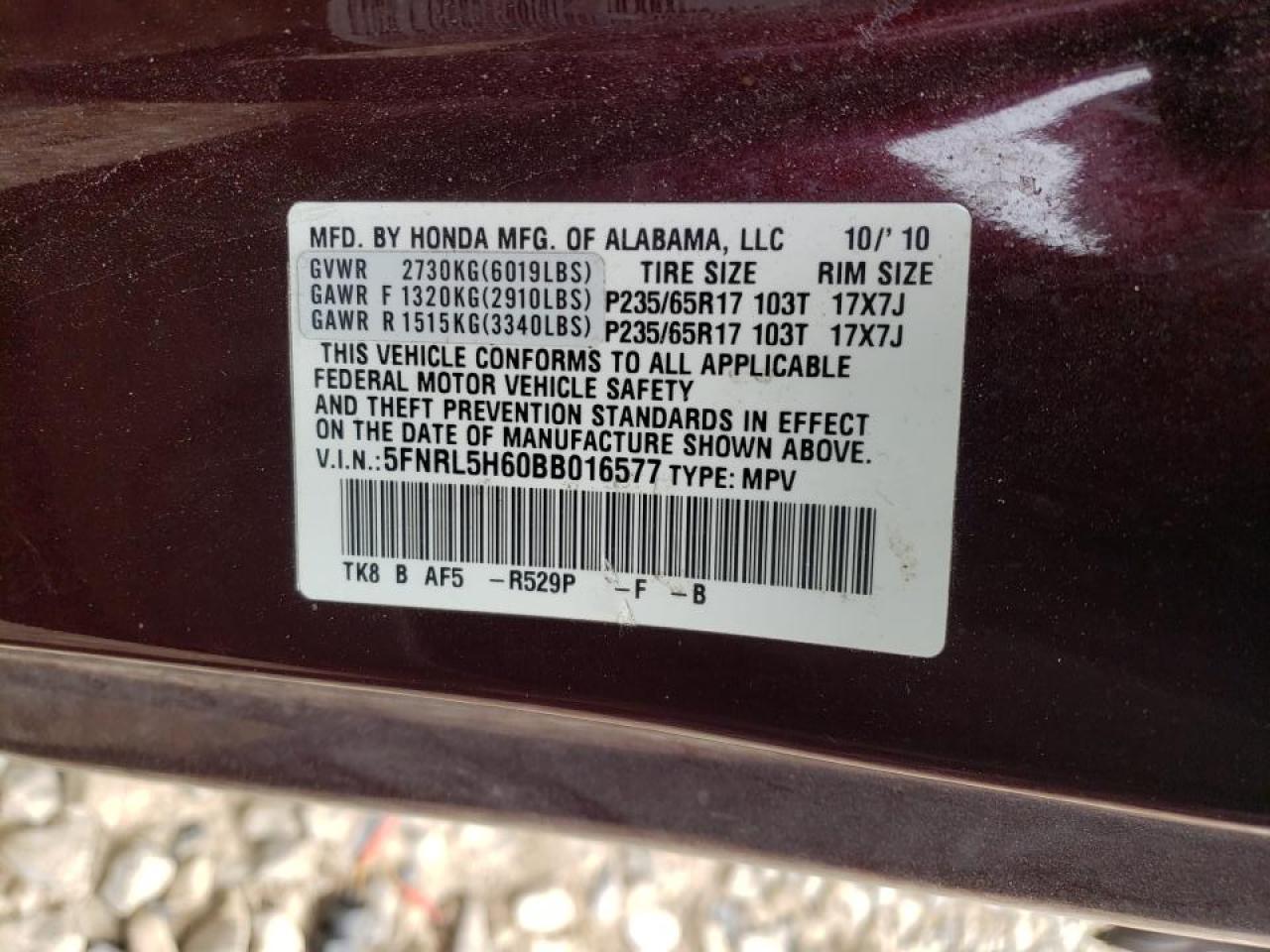 Photo 10 from auction – 2011 HONDA ODYSSEY EX with VIN 5FNRL5H60BB016577