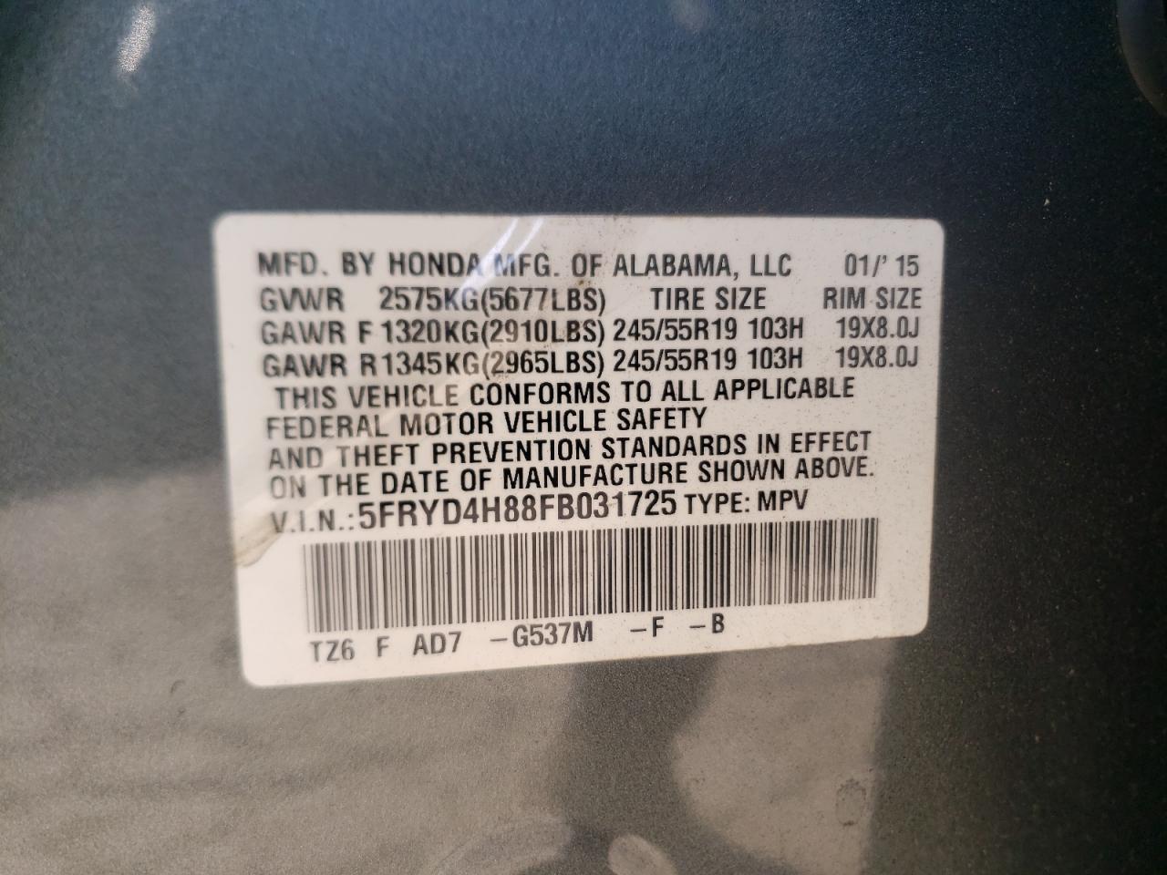 Photo 10 from auction – 2015 ACURA MDX ADVANC with VIN 5FRYD4H88FB031725