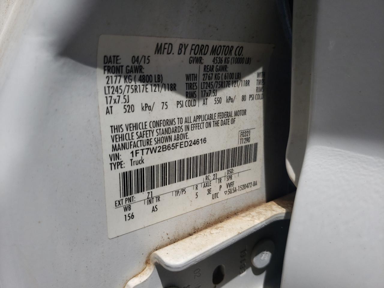 Photo 10 from auction – 2015 FORD F250 SUPER with VIN 1FT7W2B65FED24616