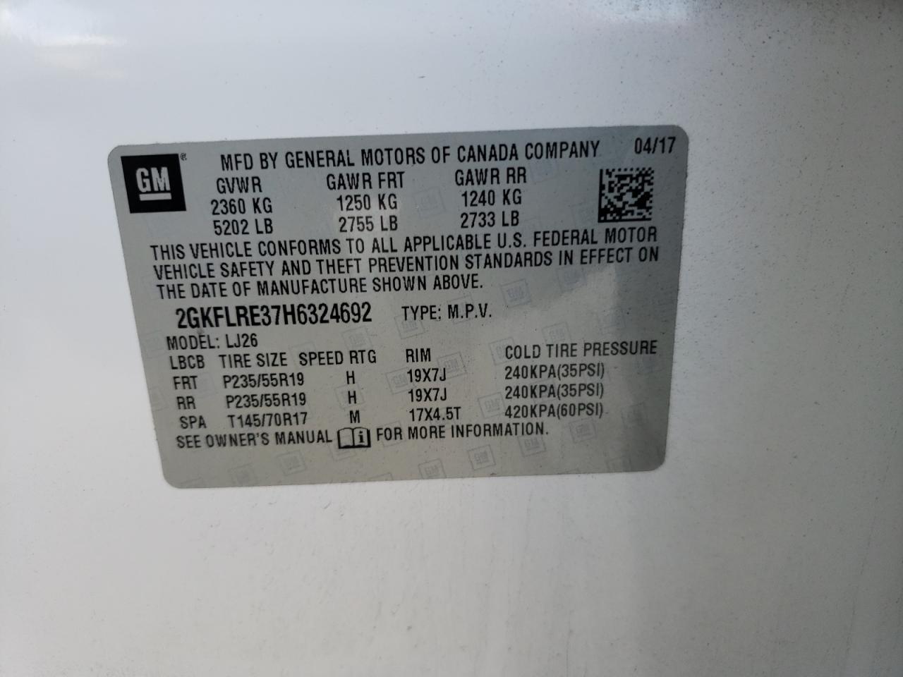 Photo 10 from auction – 2017 GMC TERRAIN DE with VIN 2GKFLRE37H6324692