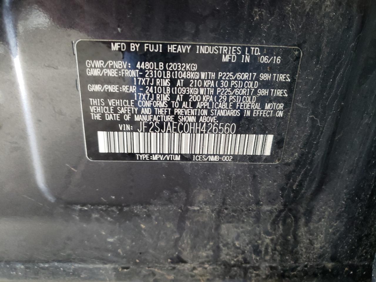 Photo 10 from auction – 2017 SUBARU FORESTER 2 with VIN JF2SJAEC0HH426560