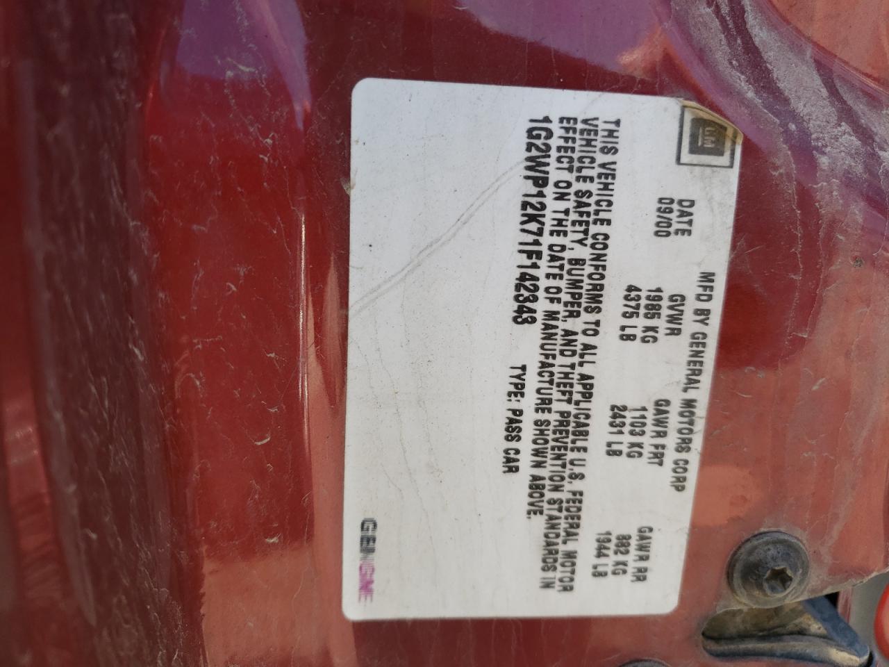 Photo 10 from auction – 2001 PONTIAC GRAND PRIX with VIN 1G2WP12K71F142343