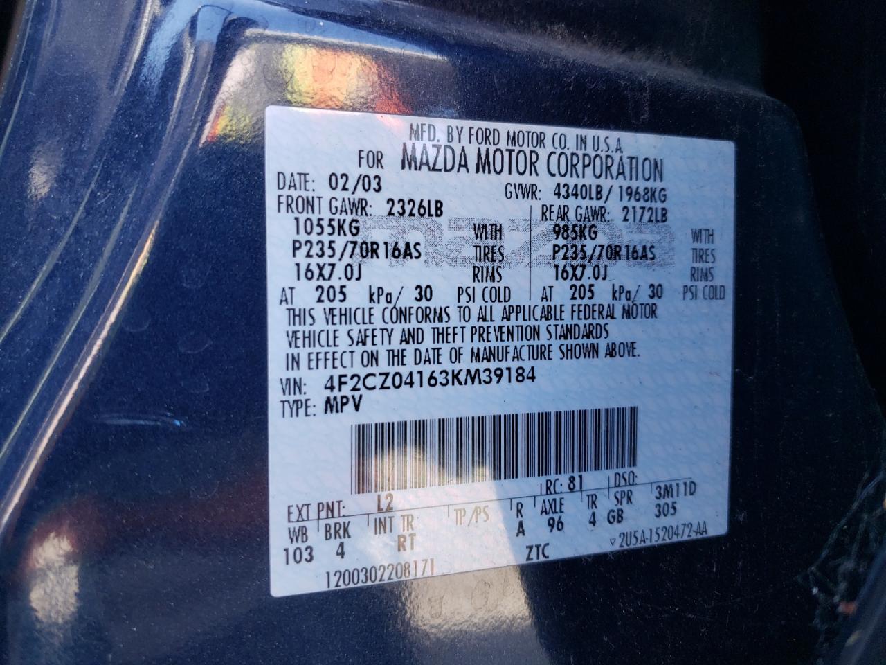 Photo 10 from auction – 2003 MAZDA TRIBUTE LX with VIN 4F2CZ04163KM39184
