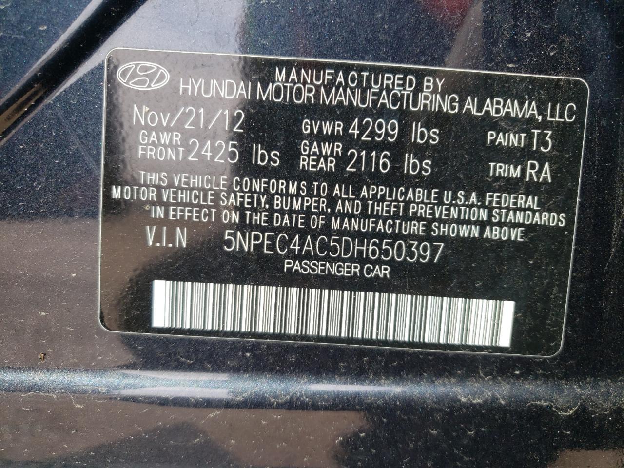 Photo 10 from auction – 2013 HYUNDAI SONATA SE with VIN 5NPEC4AC5DH650397