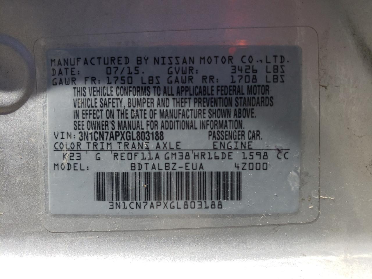 Photo 10 from auction – 2016 NISSAN VERSA S with VIN 3N1CN7APXGL803188