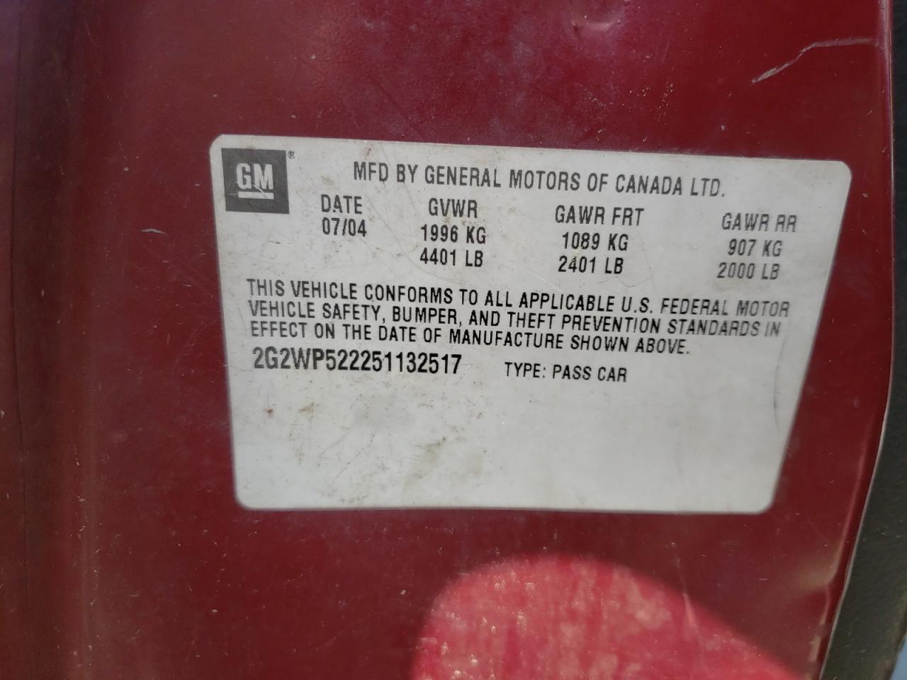 Photo 10 from auction – 2005 PONTIAC GRAND PRIX with VIN 2G2WP522251132517