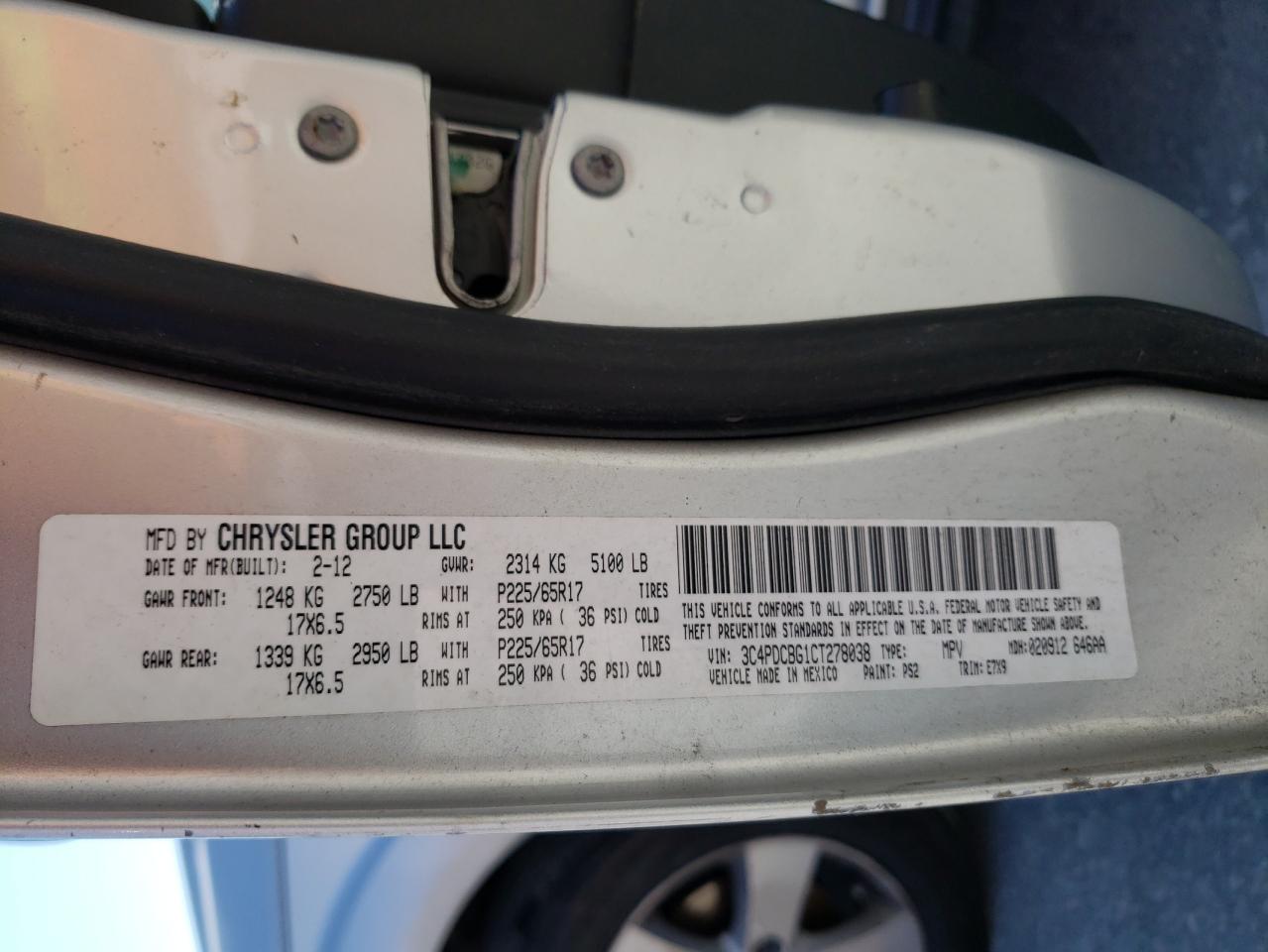 Photo 10 from auction – 2012 DODGE JOURNEY SX with VIN 3C4PDCBG1CT278038