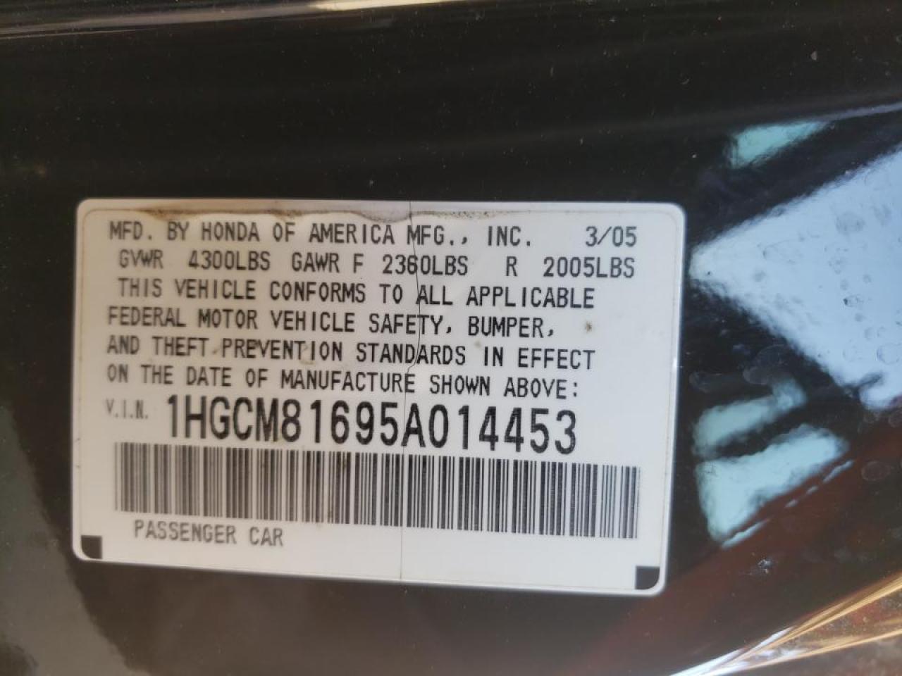 Photo 10 from auction – 2005 HONDA ACCORD EX with VIN 1HGCM81695A014453