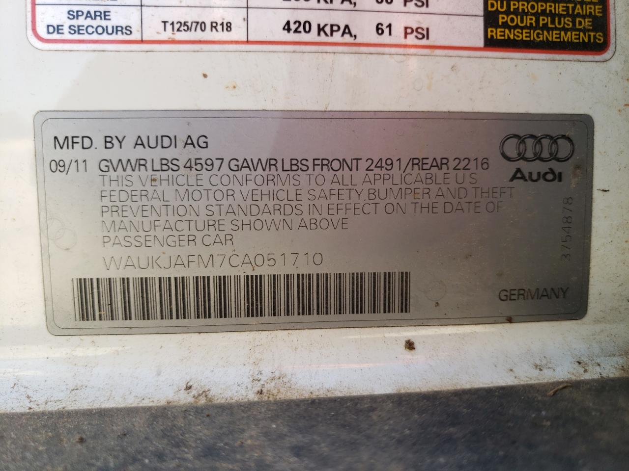 Foto 10 de la subasta – 2012 AUDI A3 PREMIUM con VIN WAUKJAFM7CA051710