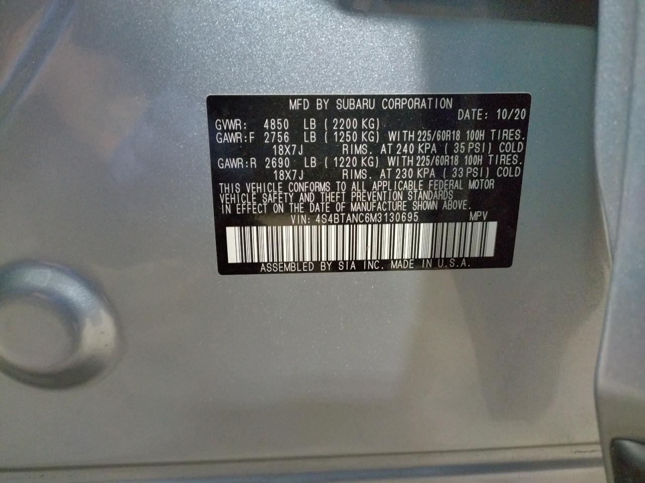 Photo 10 from auction – 2021 SUBARU OUTBACK LI with VIN 4S4BTANC6M3130695