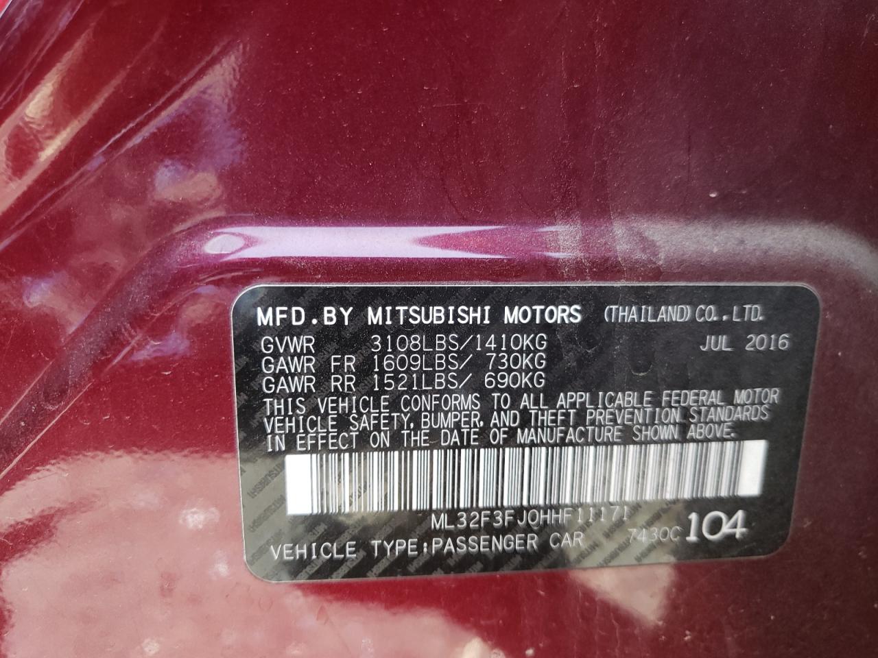 Photo 10 from auction – 2017 MITSUBISHI MIRAGE G4 with VIN ML32F3FJ0HHF11171