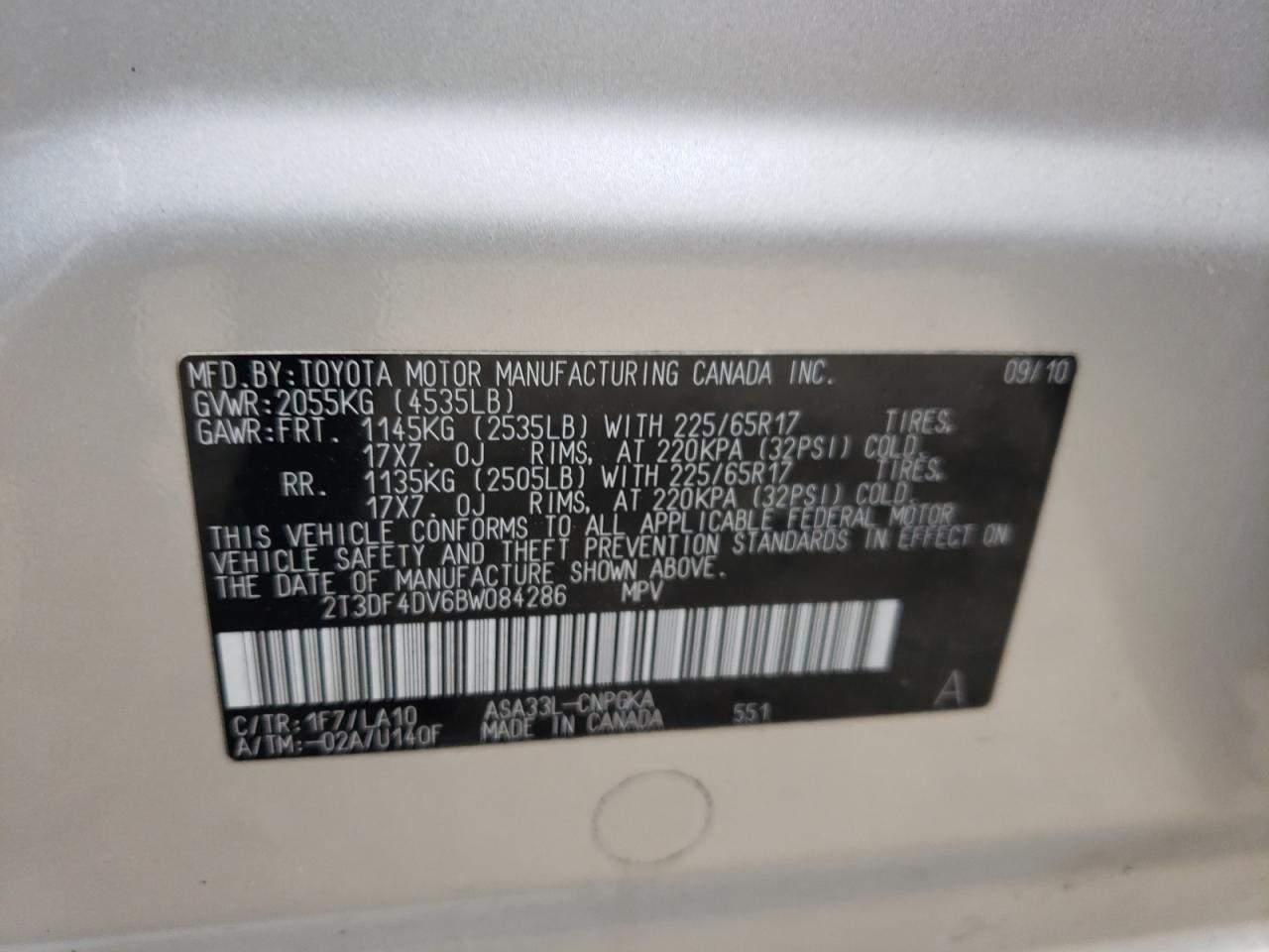 Photo 10 from auction – 2011 TOYOTA RAV4 LIMIT with VIN 2T3DF4DV6BW084286