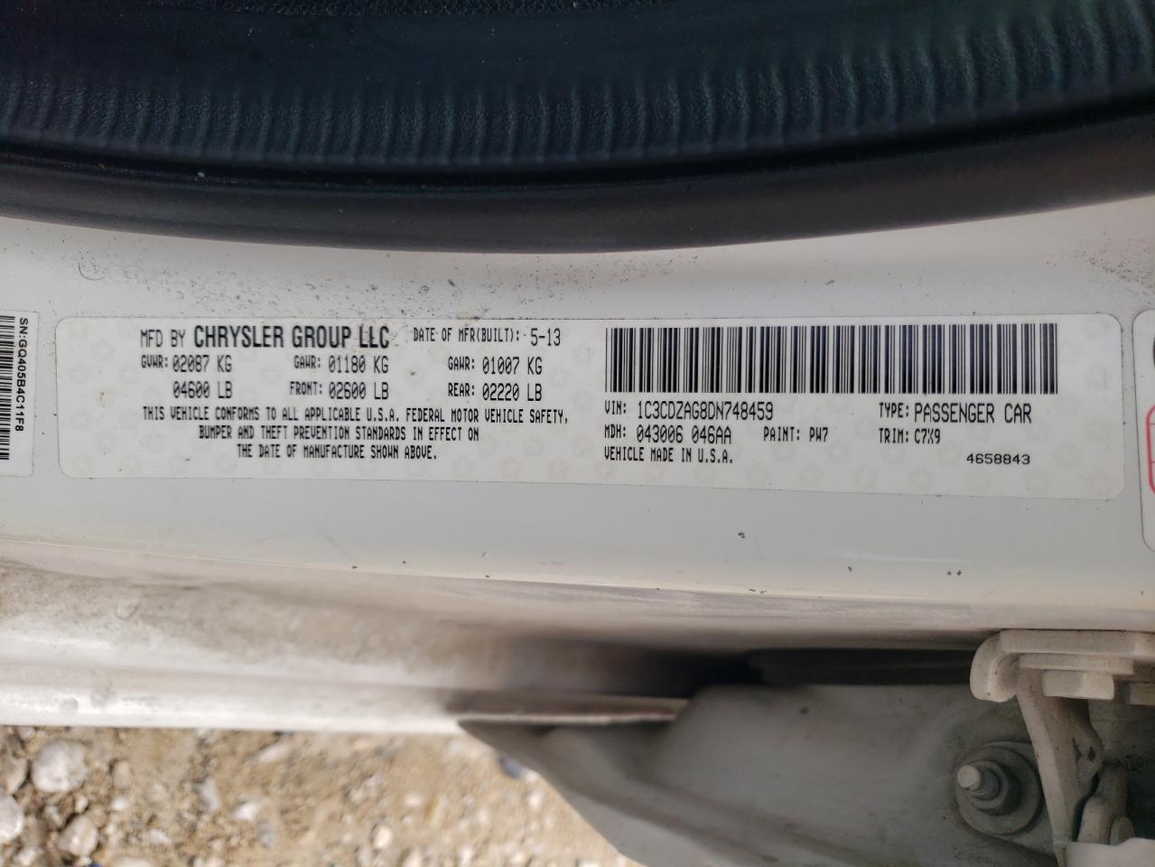 Photo 10 from auction – 2013 DODGE AVENGER SE with VIN 1C3CDZAG8DN748459