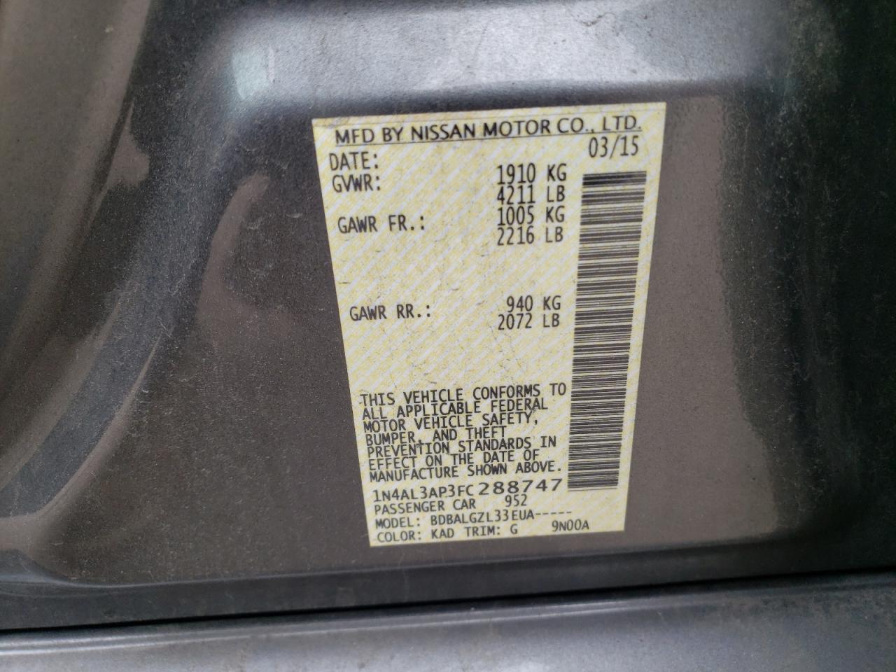 Photo 11 from auction – 2015 NISSAN ALTIMA 2.5 with VIN 1N4AL3AP3FC288747