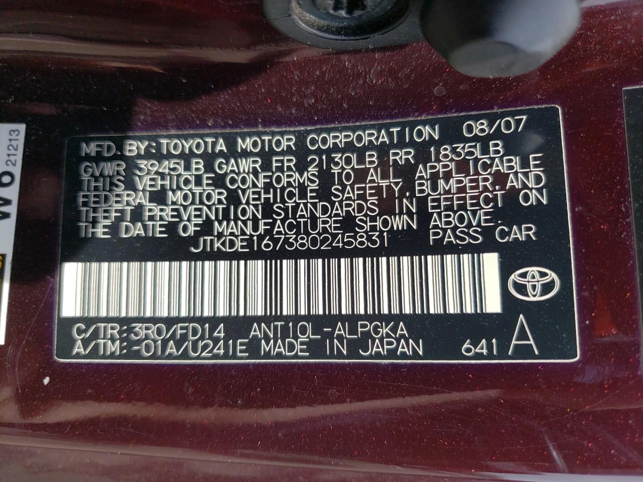 Photo 10 from auction – 2008 TOYOTA SCION with VIN JTKDE167380245831