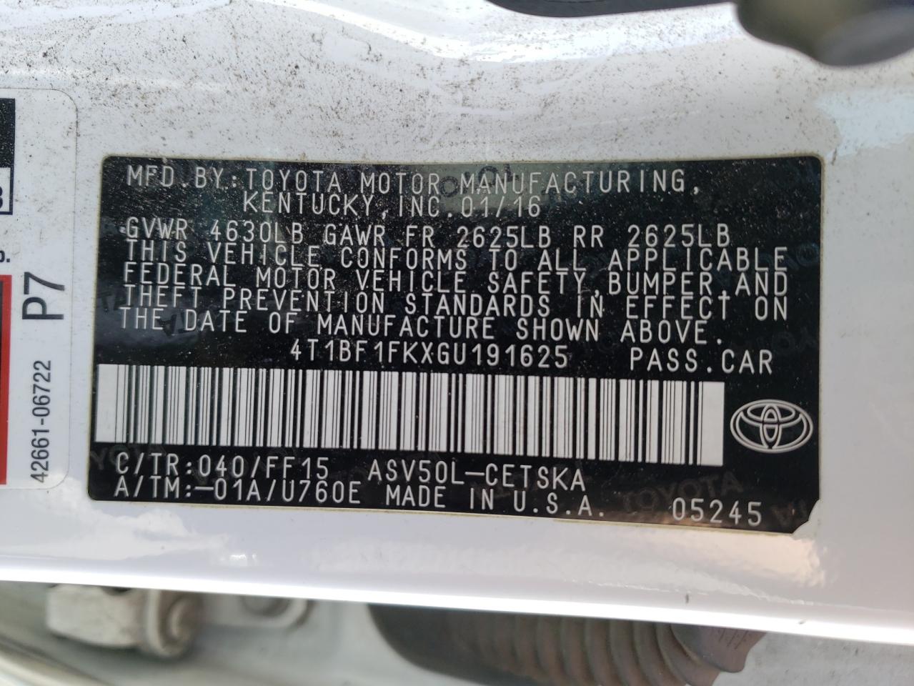 Photo 10 from auction – 2016 TOYOTA CAMRY LE with VIN 4T1BF1FKXGU191625