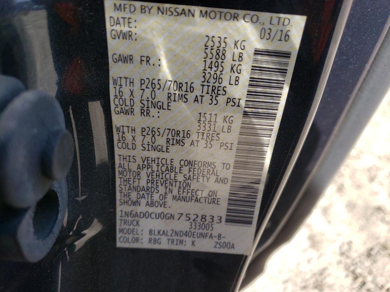Photo 10 from auction – 2016 NISSAN FRONTIER S with VIN 1N6AD0CU0GN752833