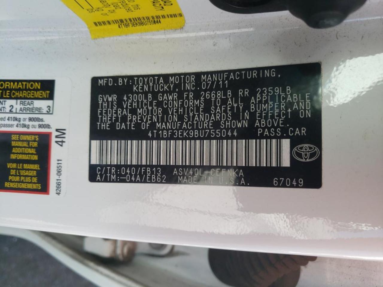Photo 10 from auction – 2011 TOYOTA CAMRY BASE with VIN 4T1BF3EK9BU755044