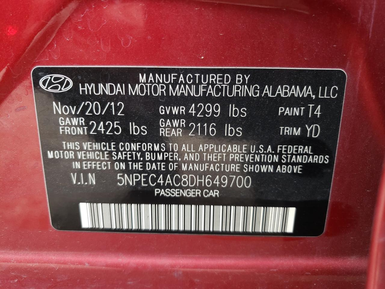 Photo 10 from auction – 2013 HYUNDAI SONATA SE with VIN 5NPEC4AC8DH649700