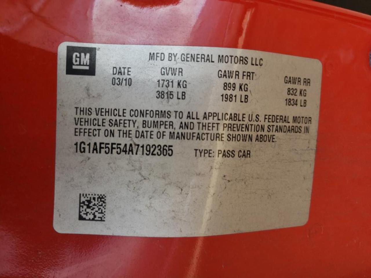 Photo 10 from auction – 2010 CHEVROLET COBALT 2LT with VIN 1G1AF5F54A7192365