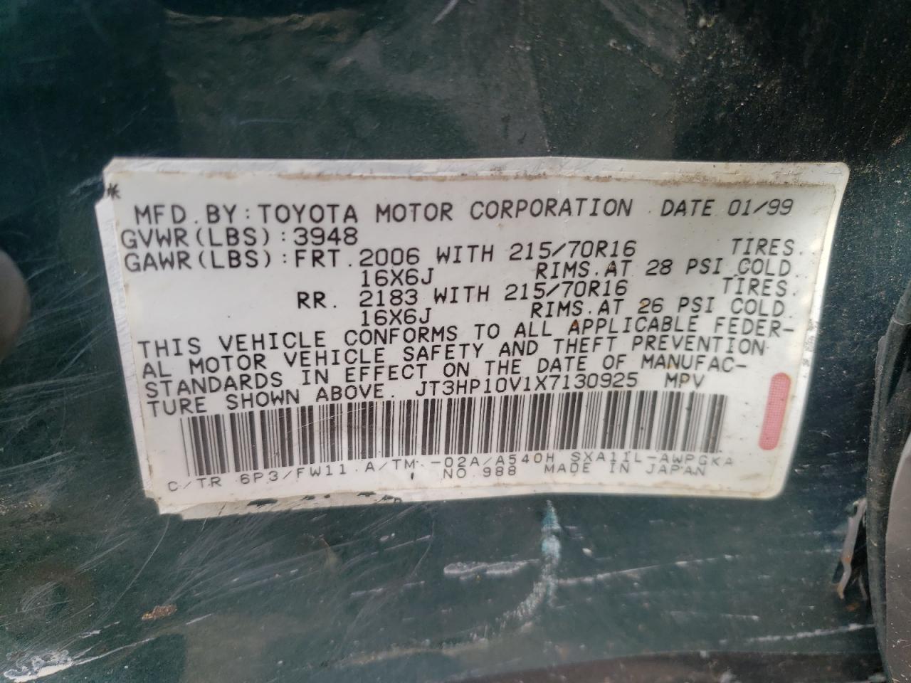 Photo 10 from auction – 1999 TOYOTA RAV4 with VIN JT3HP10V1X7130925