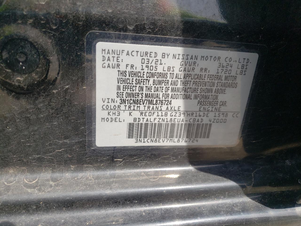 Photo 10 from auction – 2021 NISSAN VERSA SV with VIN 3N1CN8EV7ML876724