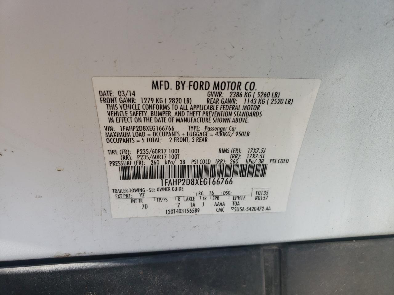 Photo 10 from auction – 2014 FORD TAURUS SE with VIN 1FAHP2D8XEG166766