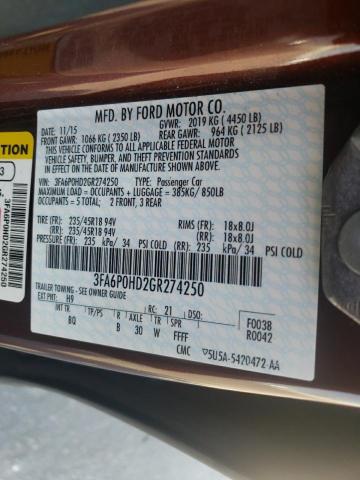 Photo 10 from auction – 2016 FORD FUSION SE with VIN 3FA6P0HD2GR274250