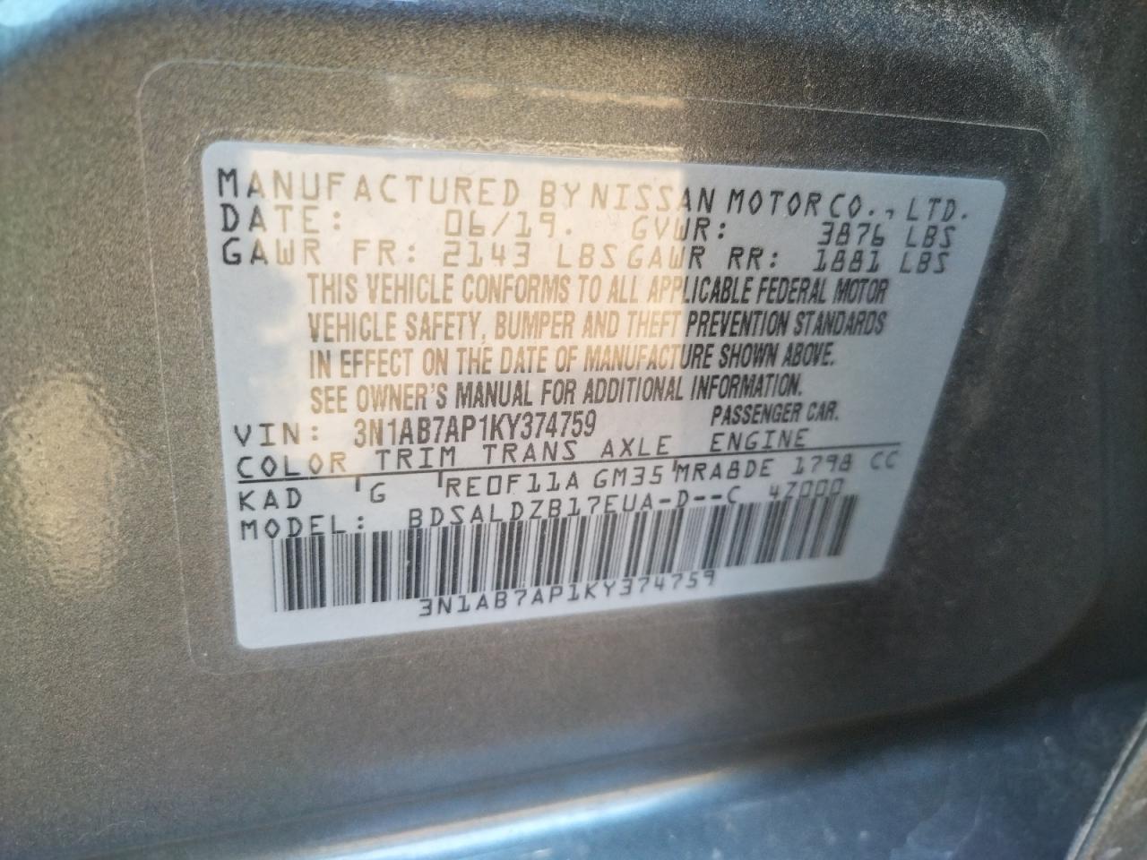 Photo 10 from auction – 2019 NISSAN SENTRA S with VIN 3N1AB7AP1KY374759