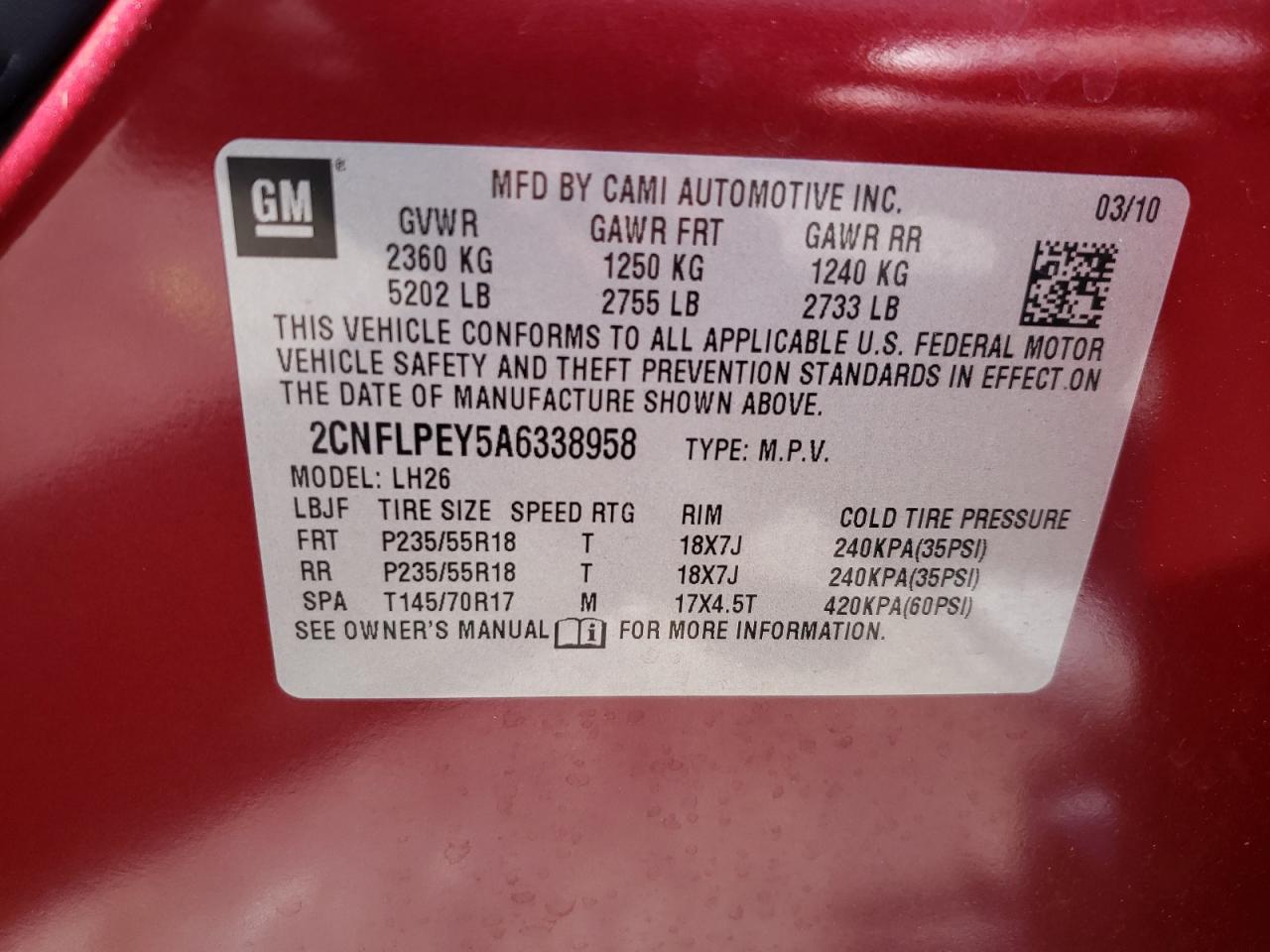 Photo 10 from auction – 2010 CHEVROLET EQUINOX LT with VIN 2CNFLPEY5A6338958