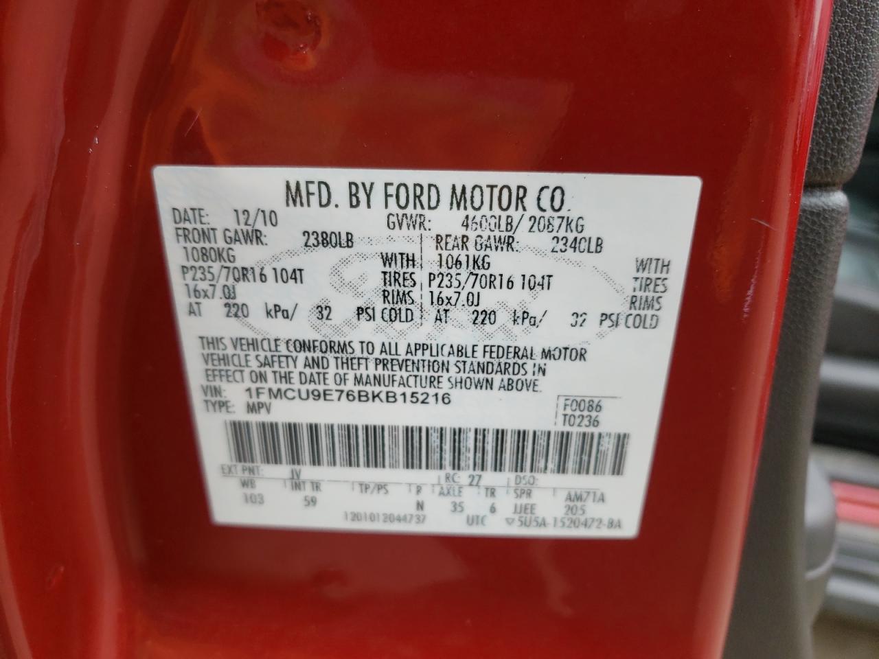 Photo 10 from auction – 2011 FORD ESCAPE LIM with VIN 1FMCU9E76BKB15216