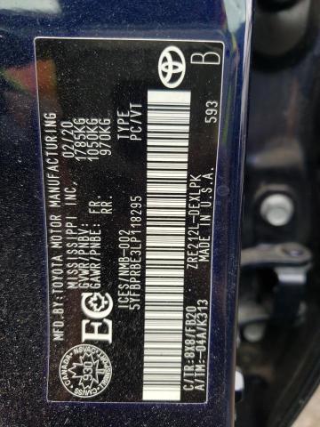 TOYOTA COROLLA LE 2020 with VIN 5YFBPRBE3LP118295 - Photo from auction
