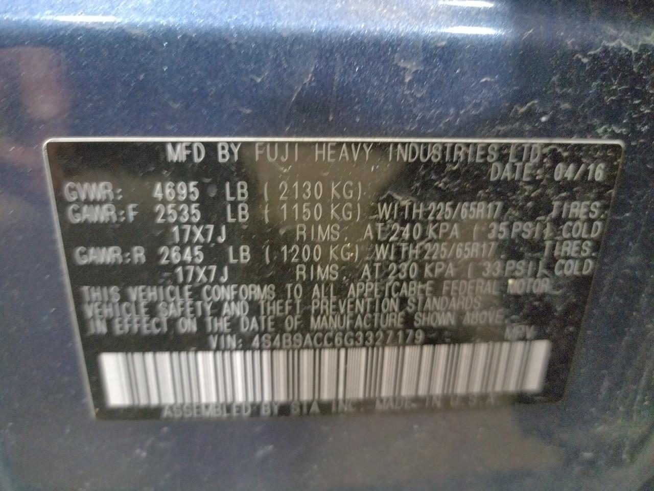 Photo 10 from auction – 2016 SUBARU OUTBACK 2. with VIN 4S4BSACC6G3327179