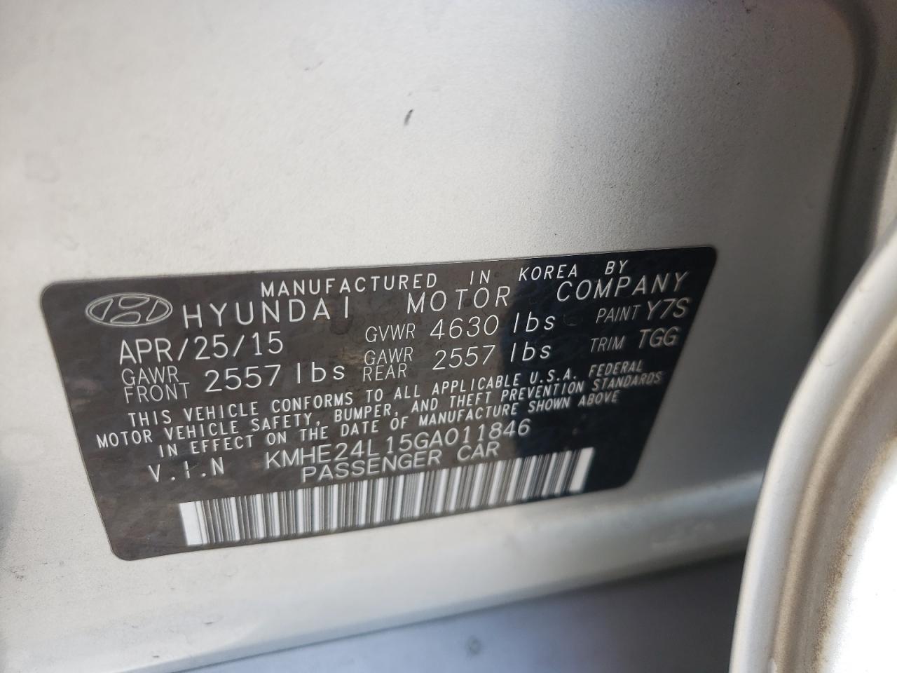 Photo 10 from auction – 2016 HYUNDAI SONATA HYB with VIN KMHE24L15GA011846