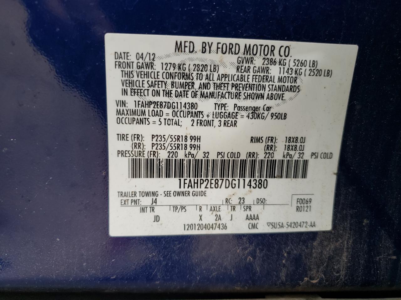 Photo 10 from auction – 2013 FORD TAURUS SEL with VIN 1FAHP2E87DG114380