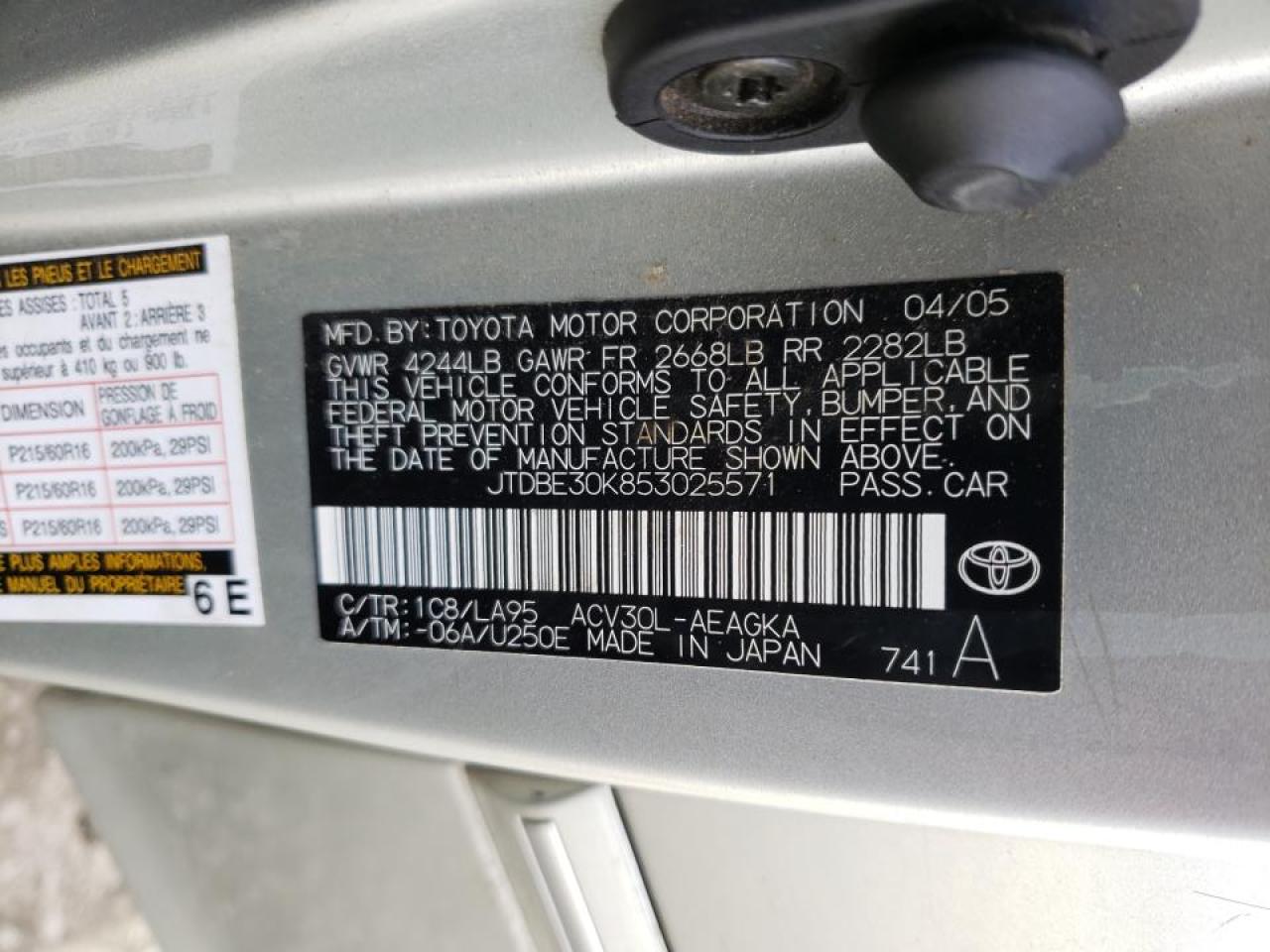 Photo 10 from auction – 2005 TOYOTA CAMRY LE with VIN JTDBE30K853025571