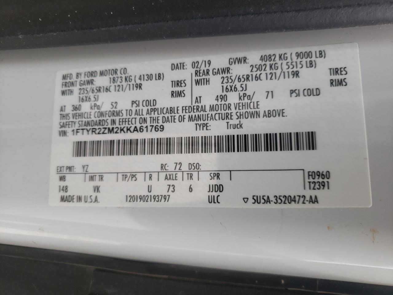 Photo 10 from auction – 2019 FORD TRANSIT T- with VIN 1FTYR2ZM2KKA61769