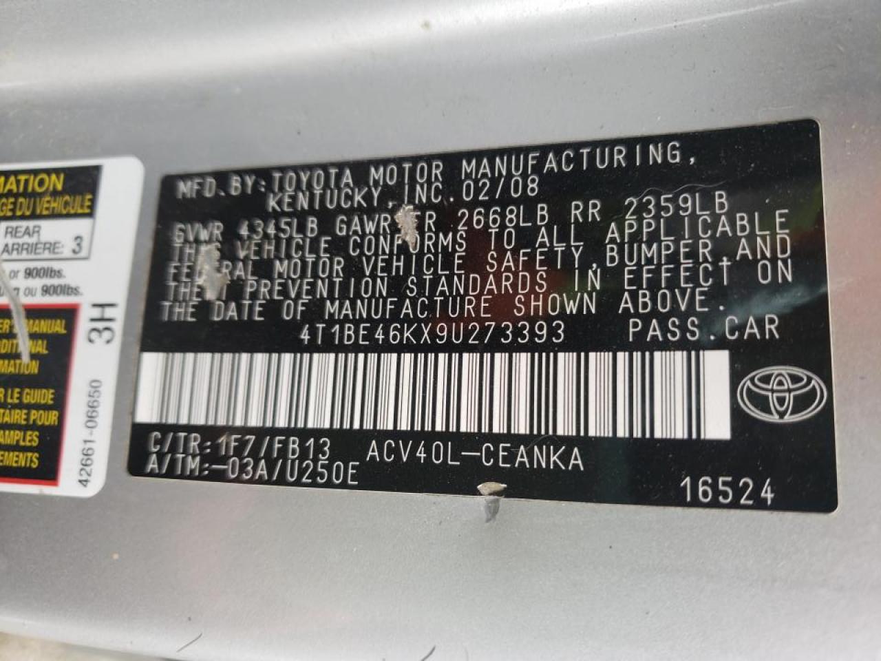 Photo 10 from auction – 2009 TOYOTA CAMRY BASE with VIN 4T1BE46KX9U273393