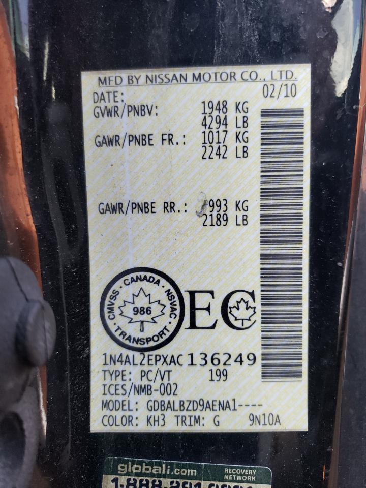 Photo 10 from auction – 2010 NISSAN ALTIMA S with VIN 1N4AL2EPXAC136249