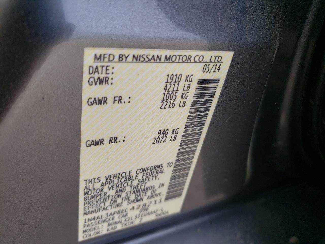 Photo 10 from auction – 2014 NISSAN ALTIMA 2.5 with VIN 1N4AL3AP8EC428211