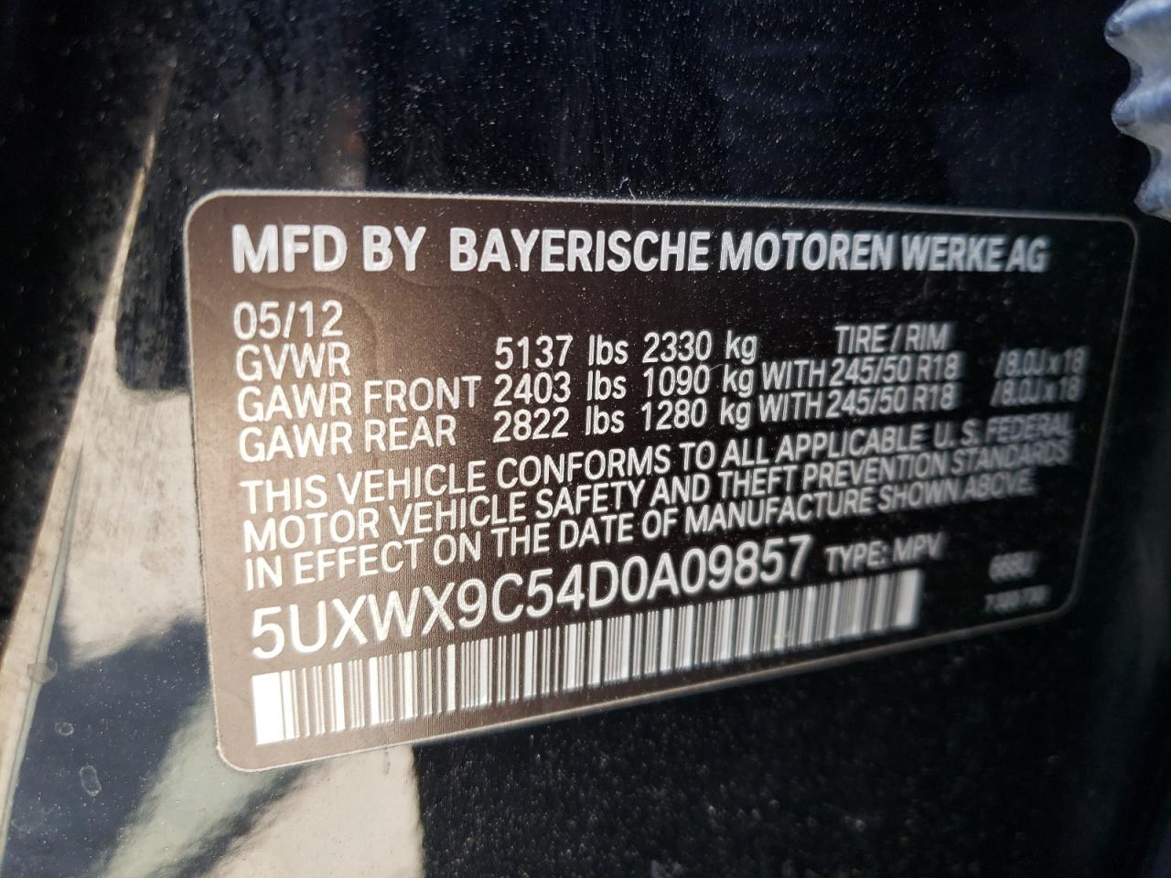 Photo 10 from auction – 2013 BMW X3 XDRIVE2 with VIN 5UXWX9C54D0A09857